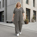 Damen Shirt Lagenlook Polyester Schwarz/Weiß, A-Form, Rauten, 3/4-Arm, Taschen, Oversize große Größen – AKH Fashion