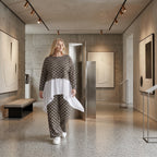 Damen Überwurf Lagenlook Polyester Schwarz/Weiß, Rauten, Langarm, Oversize große Größen – AKH Fashion
