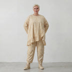 Luftig leichtes Oversize Lagenlook Shirt aus feiner Baumwollpopeline mit ausgefallenem Batikmuster, Vanille