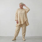 Luftig leichtes Oversize Lagenlook Shirt aus feiner Baumwollpopeline mit ausgefallenem Batikmuster, Vanille
