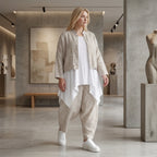 Stilvolle Oversize Jacke in lässigem Lagenlook mit leichter Leinen Optik und Streifen, Sand/Weiß