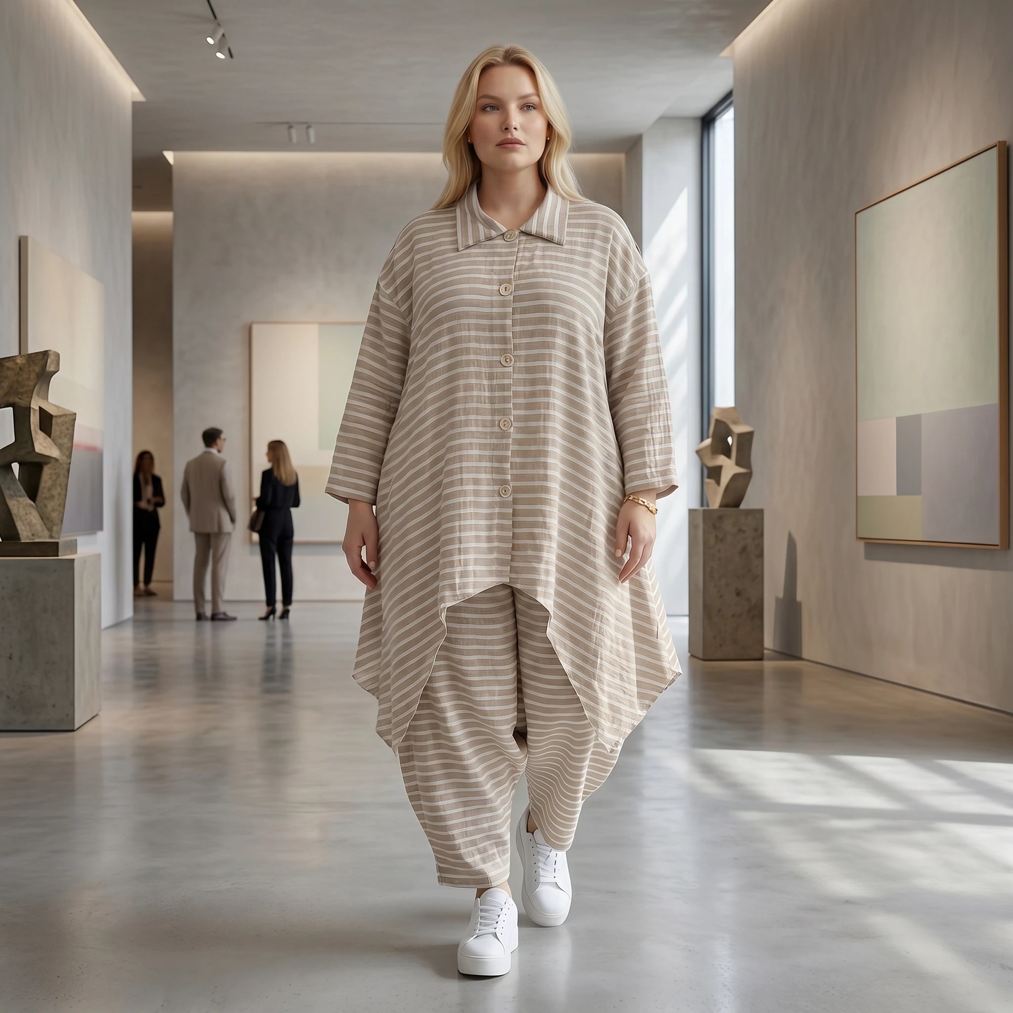 Leicht luftige Oversize Zipfeljacke im ausgefallenen Lagenlook mit Streifen und Taschen, Sand/Weiß