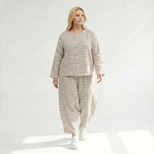 Luftig leichte Oversize Jacke im ausgefallenen Lagenlook mit zeitlosen Streifen, Sand/Weiß