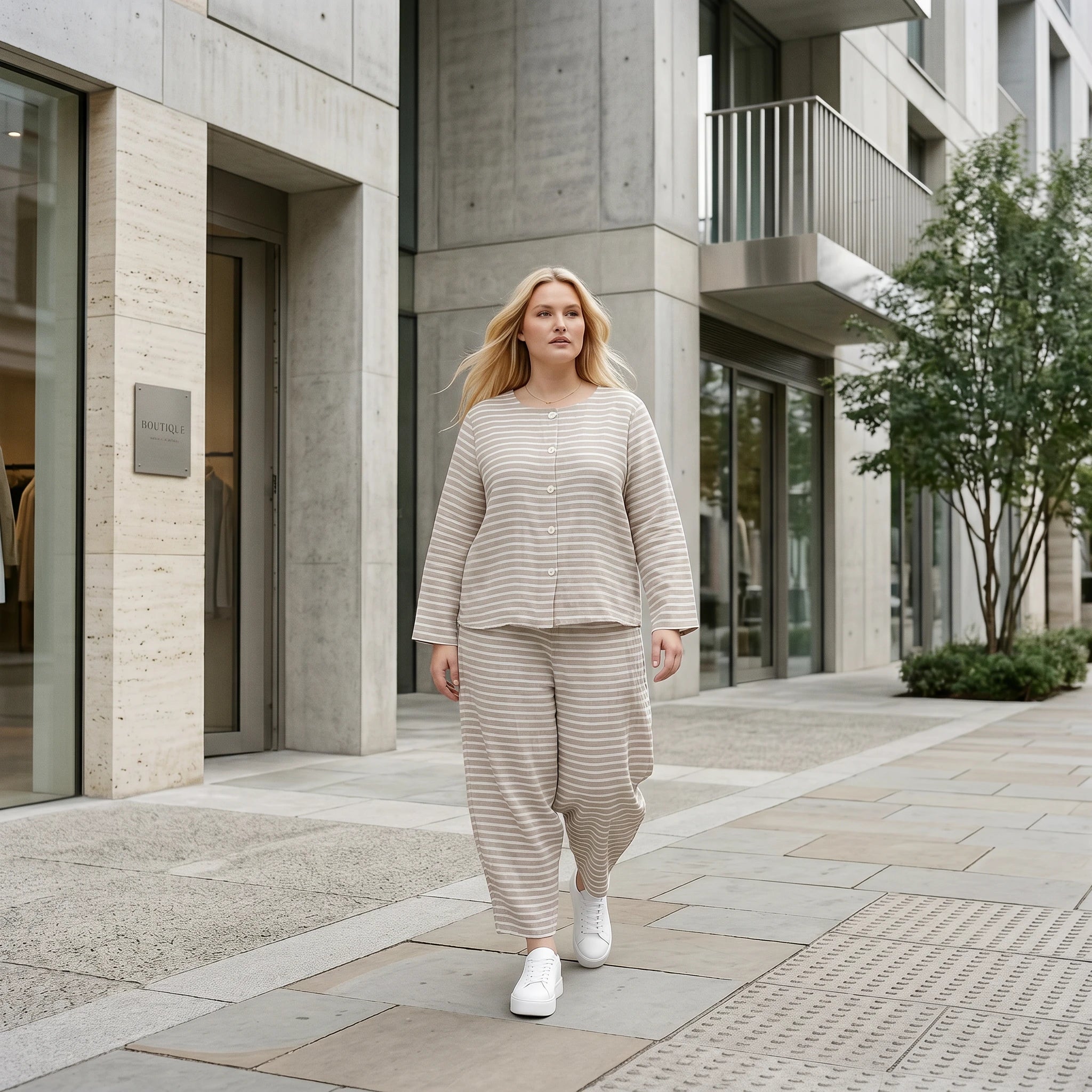 Luftig leichte Oversize Jacke im ausgefallenen Lagenlook mit zeitlosen Streifen, Sand/Weiß
