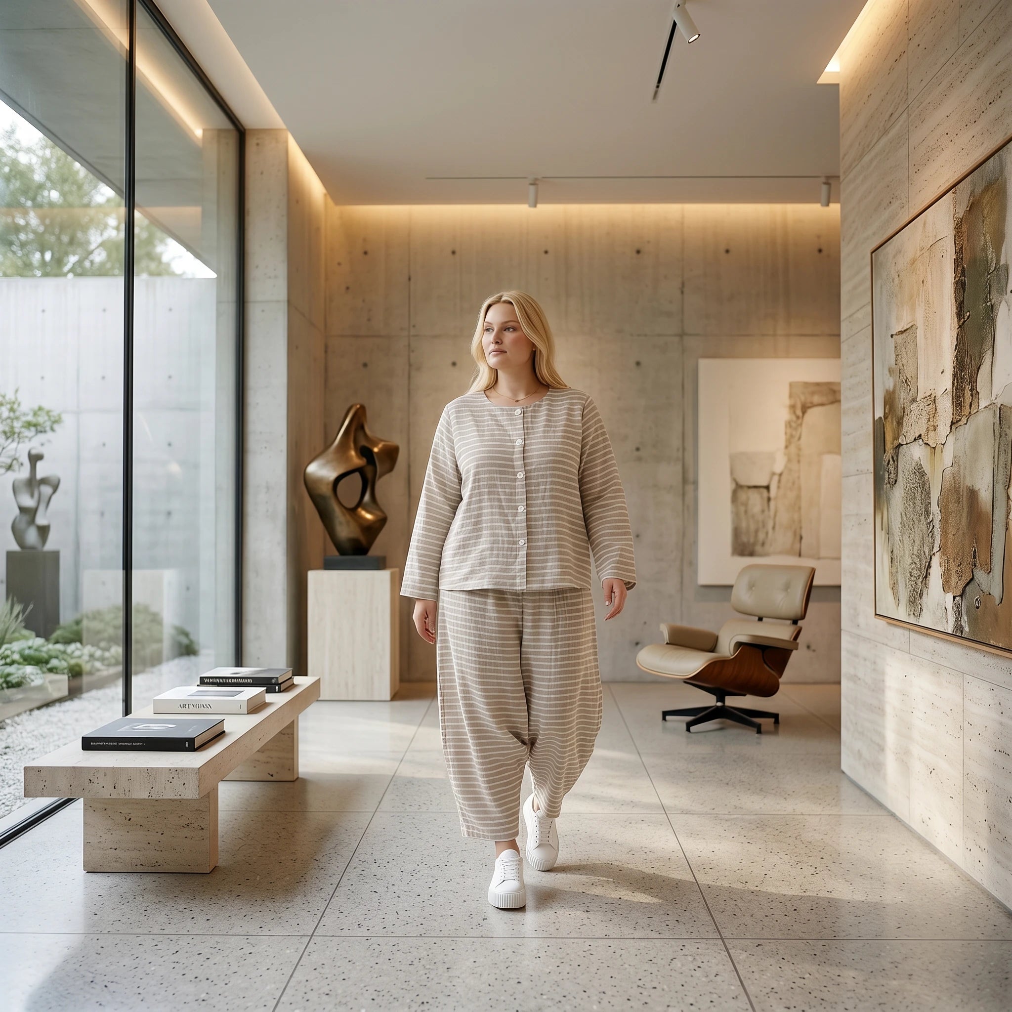 Luftig leichte Oversize Jacke im ausgefallenen Lagenlook mit zeitlosen Streifen, Sand/Weiß
