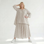 Luftiges Oversize Lagenlook Shirt in A-Form mit Streifen und Biesen, leicht und leger, Sand/Weiß