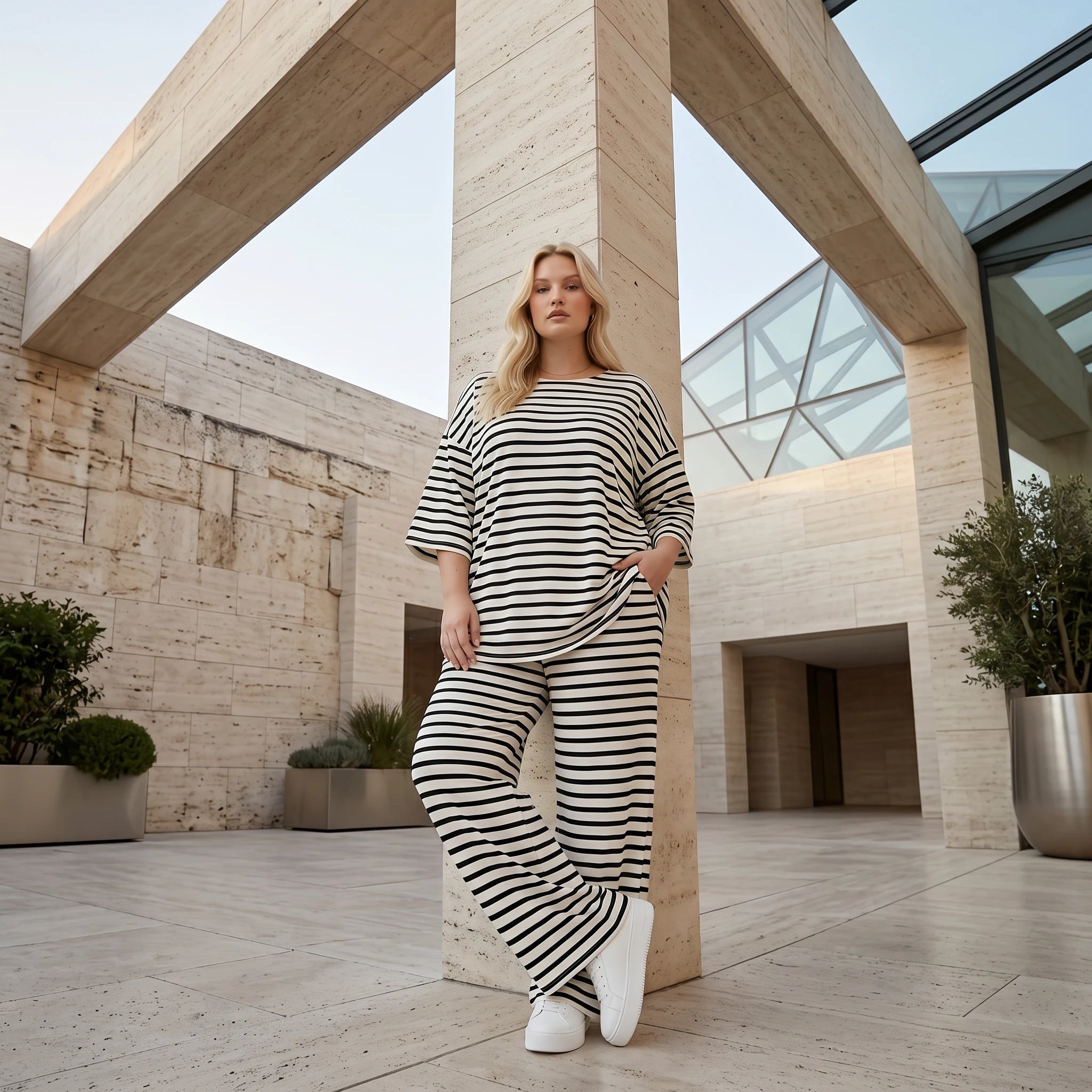 Stilvolle Lagenlook Hose mit weitem Bein Schlitz aus weichem Jersey im angesagten Streifen Design, Weiß/Schwarz