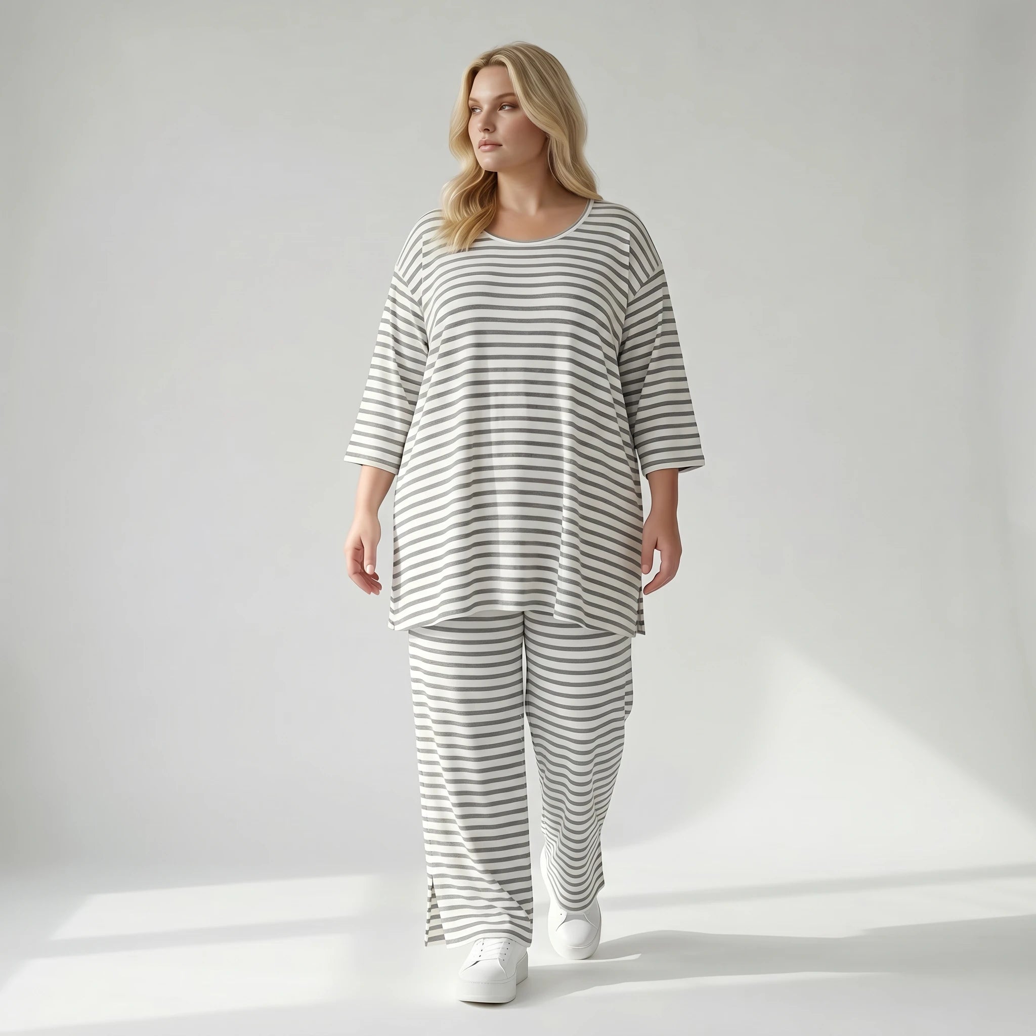 Stilvolle Lagenlook Hose aus weich fließendem Jersey im legeren Oversize Stil mit Streifen, Weiß/Grau
