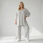 Stilvolle Lagenlook Hose aus weich fließendem Jersey im legeren Oversize Stil mit Streifen, Weiß/Grau
