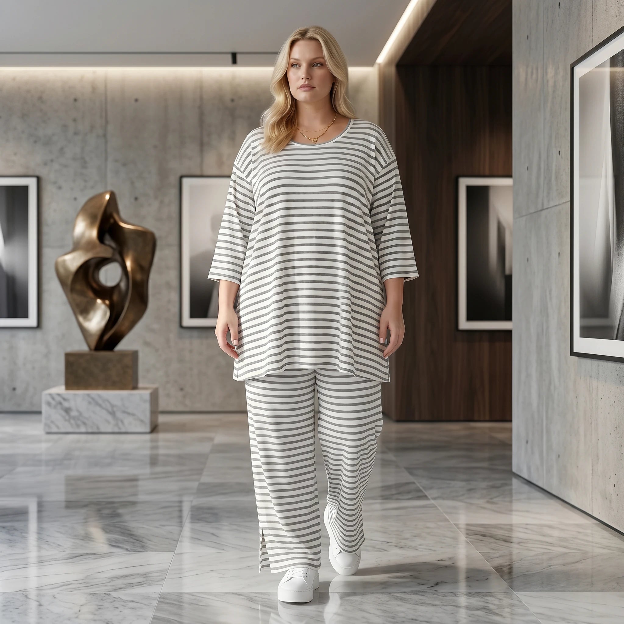 Stilvolle Lagenlook Hose aus weich fließendem Jersey im legeren Oversize Stil mit Streifen, Weiß/Grau