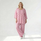 Ausgefallene Lagenlook Hose mit weiten Beinen und feinem Jersey, weich fließend, Streifen, Weiß/Fuchsia
