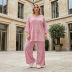 Ausgefallene Lagenlook Hose mit weiten Beinen und feinem Jersey, weich fließend, Streifen, Weiß/Fuchsia