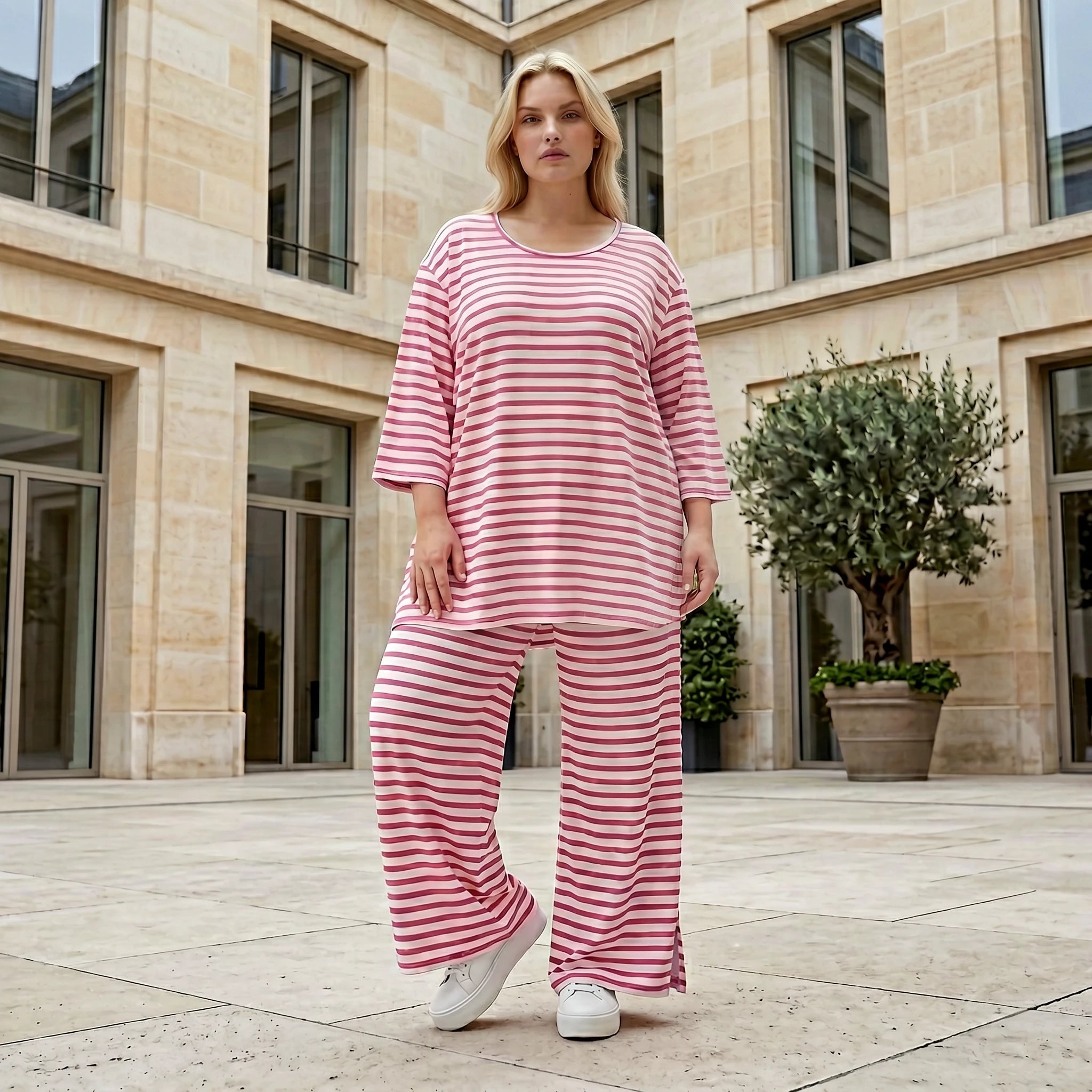 Ausgefallene Lagenlook Hose mit weiten Beinen und feinem Jersey, weich fließend, Streifen, Weiß/Fuchsia
