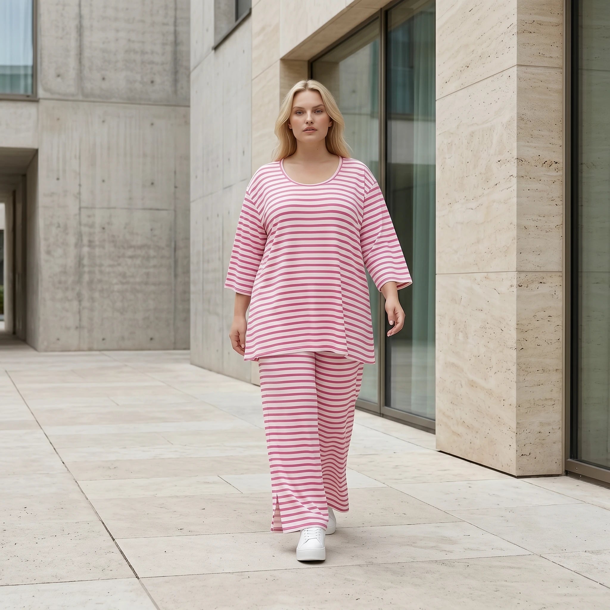Ausgefallene Lagenlook Hose mit weiten Beinen und feinem Jersey, weich fließend, Streifen, Weiß/Fuchsia