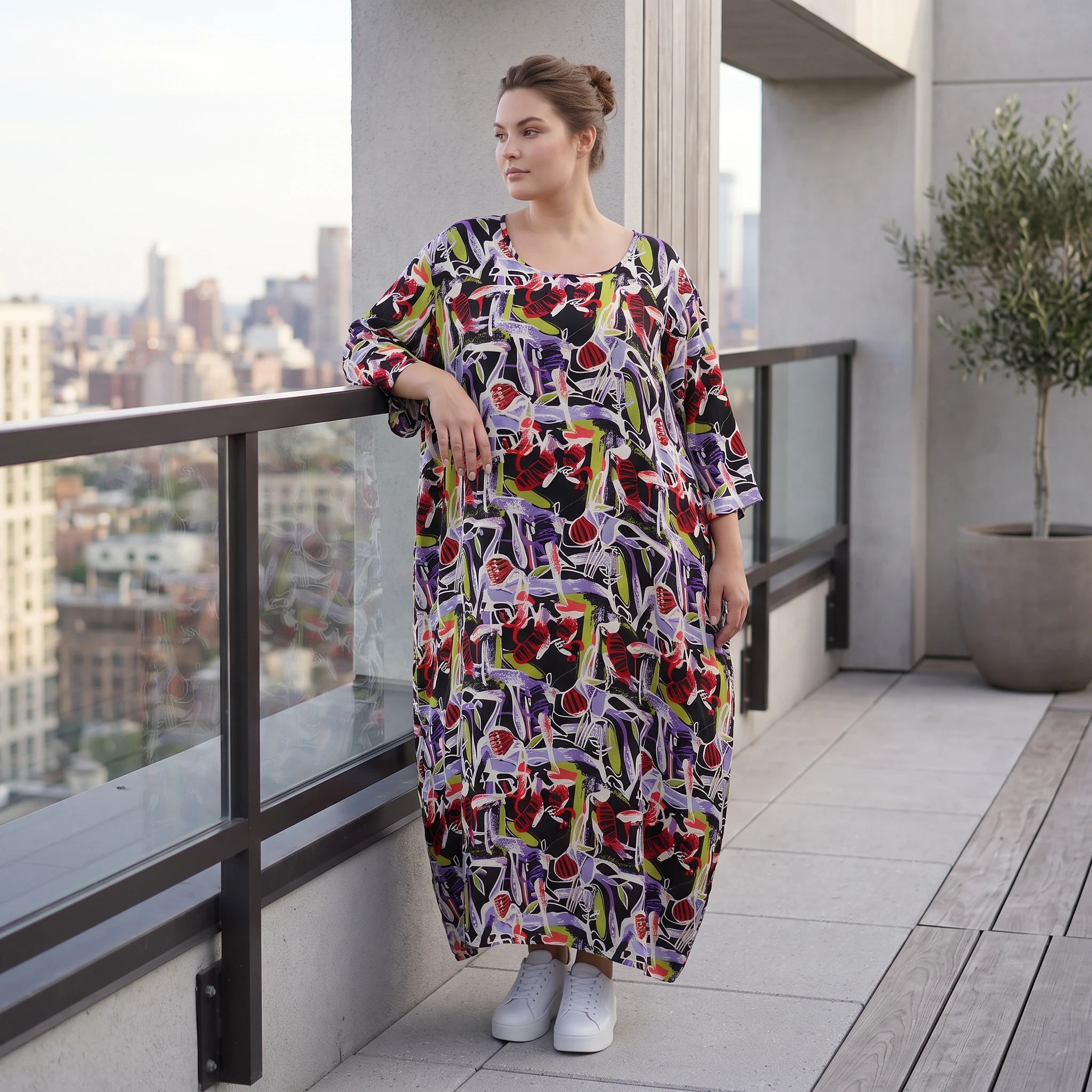 Fliessendes Ballonkleid aus Viskose in Schwarz Oliv Lila sehr leger zeitlos Oversize Look