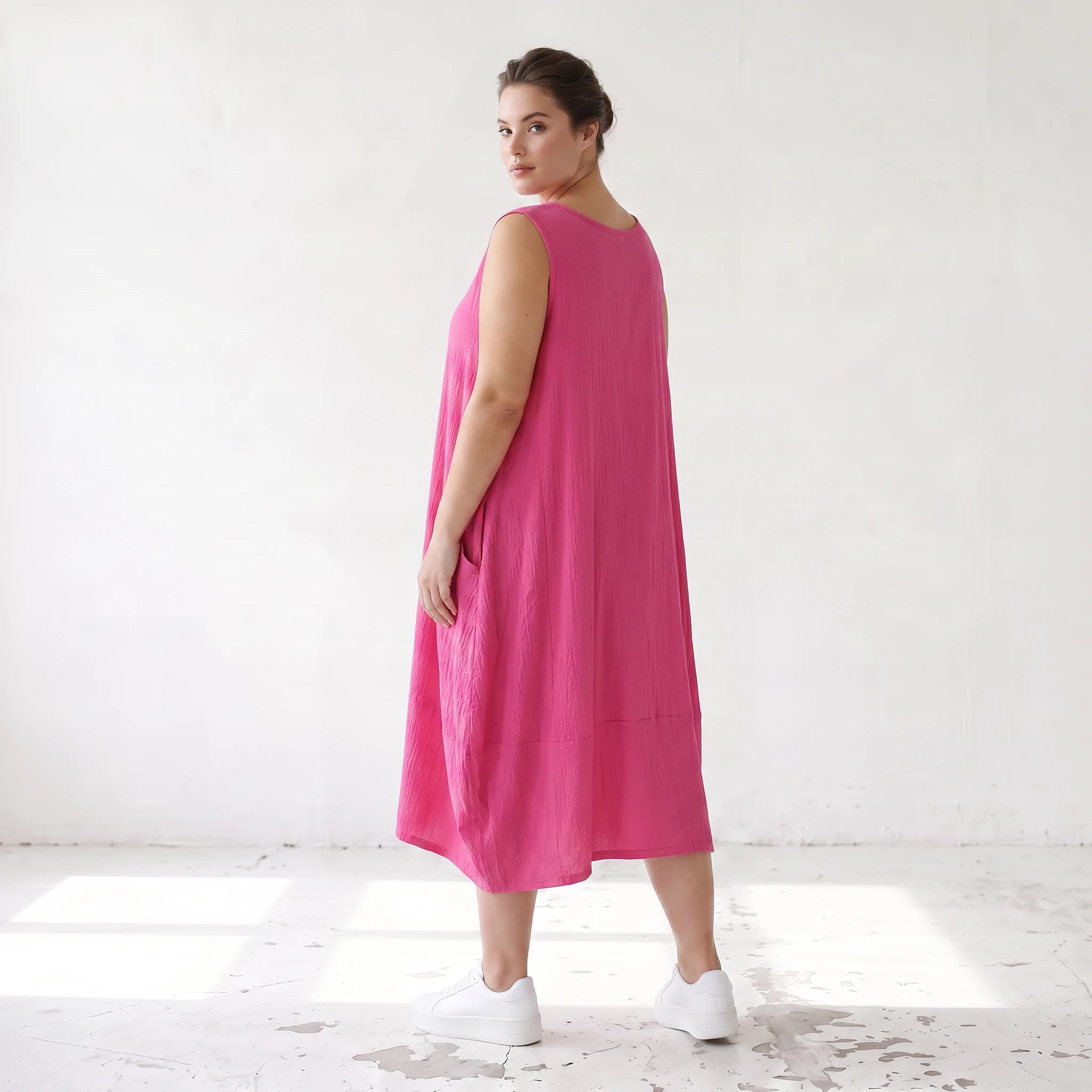 Damen Kleid Lagenlook Viskose Fuchsia, Ballonschnitt, ärmellos, Taschen, Oversize große Größen – AKH Fashion