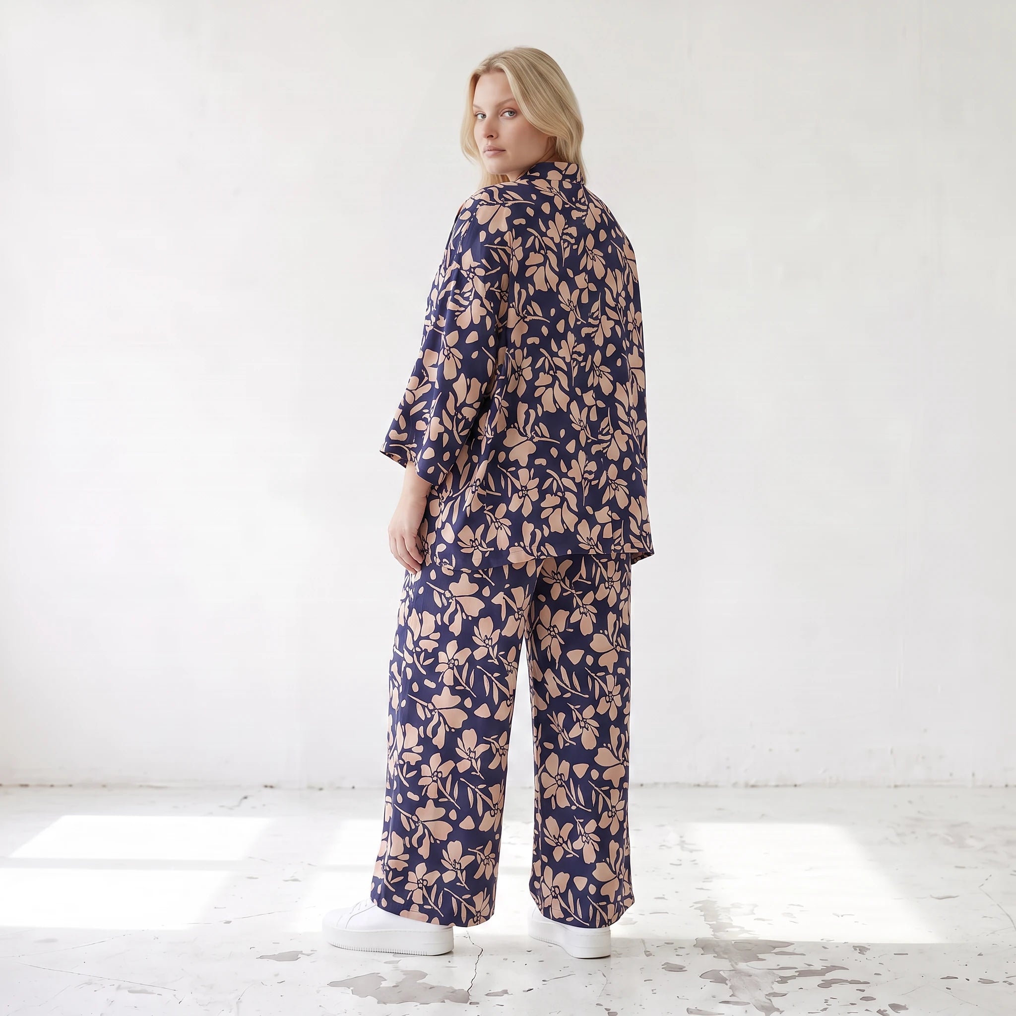 Damen Bluse Lagenlook Viskose Marine/Rose, gerader Schnitt, Langarm, Knopfleiste, Oversize große Größen – AKH Fashion