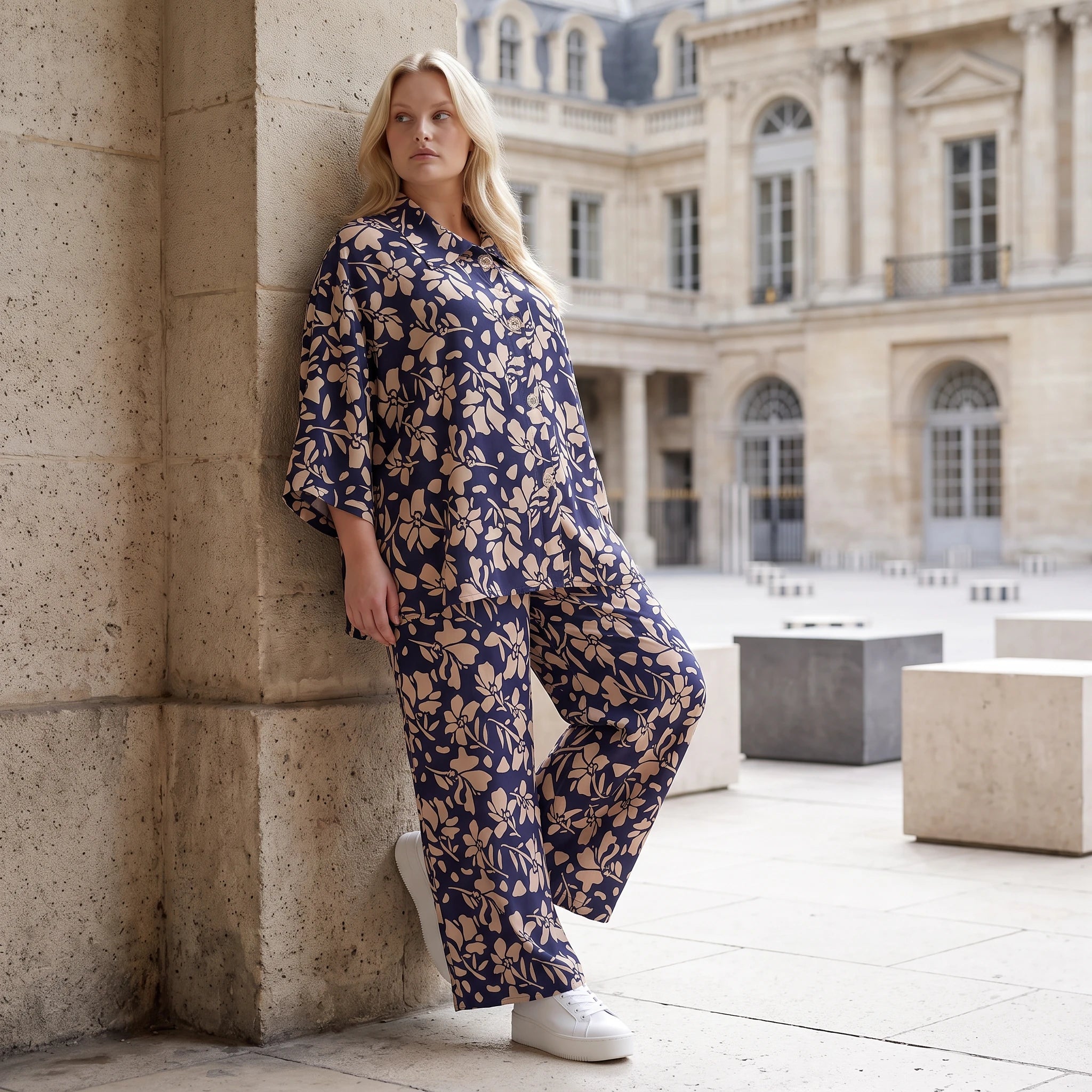 Damen Bluse Lagenlook Viskose Marine/Rose, gerader Schnitt, Langarm, Knopfleiste, Oversize große Größen – AKH Fashion