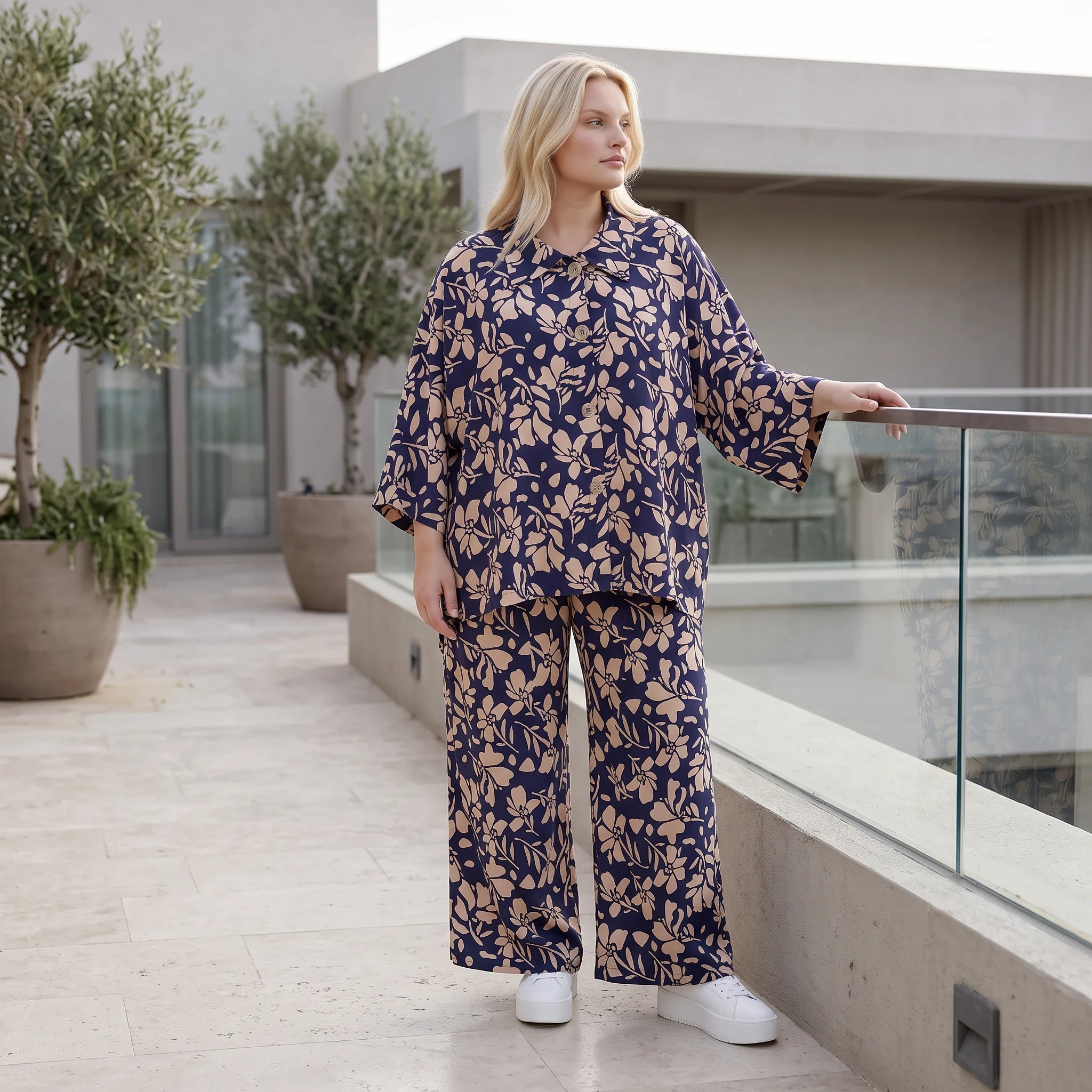 Damen Bluse Lagenlook Viskose Marine/Rose, gerader Schnitt, Langarm, Knopfleiste, Oversize große Größen – AKH Fashion