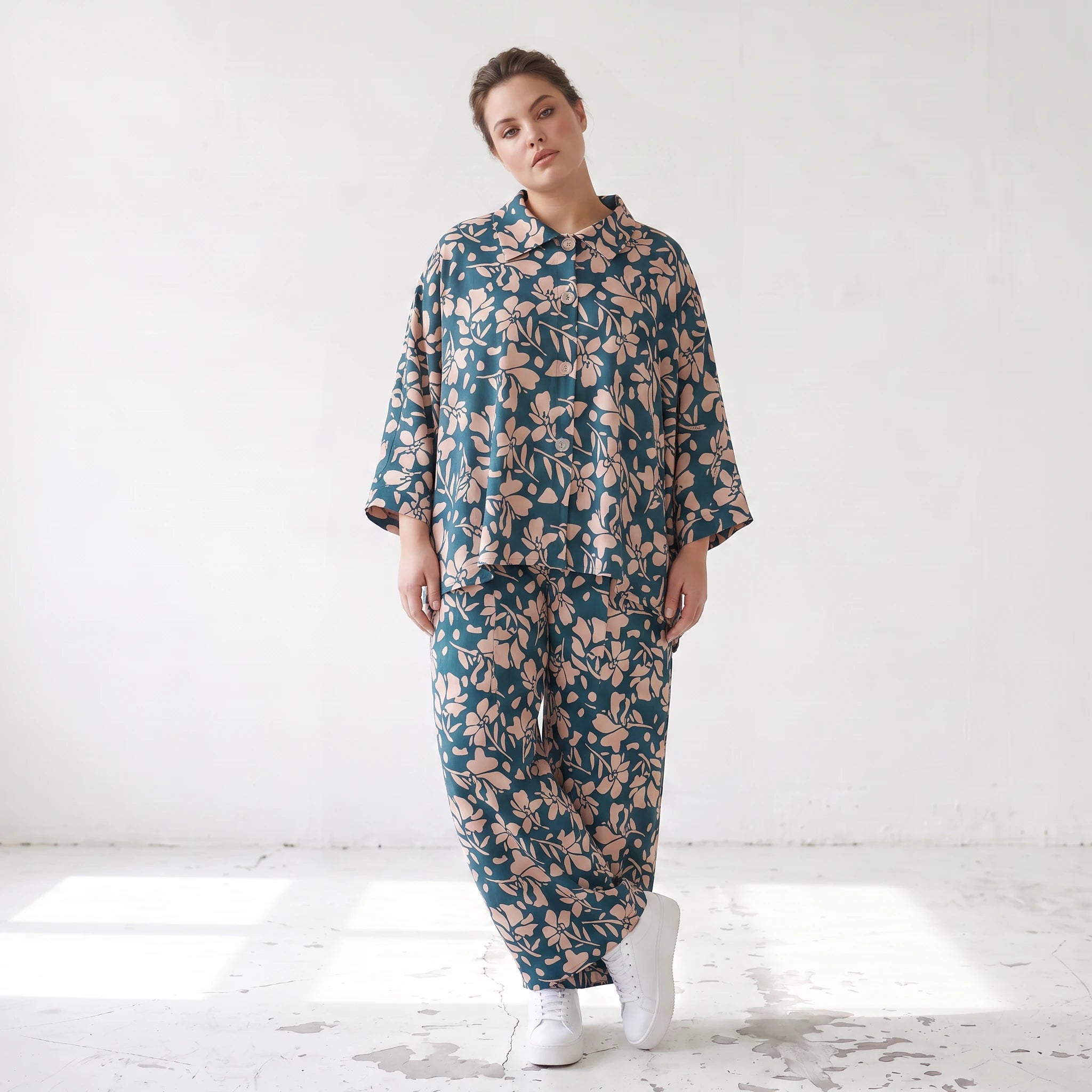 Damen Bluse Lagenlook Viskose Petrol/Rose, gerader Schnitt, Langarm, Knopfleiste, Oversize große Größen – AKH Fashion