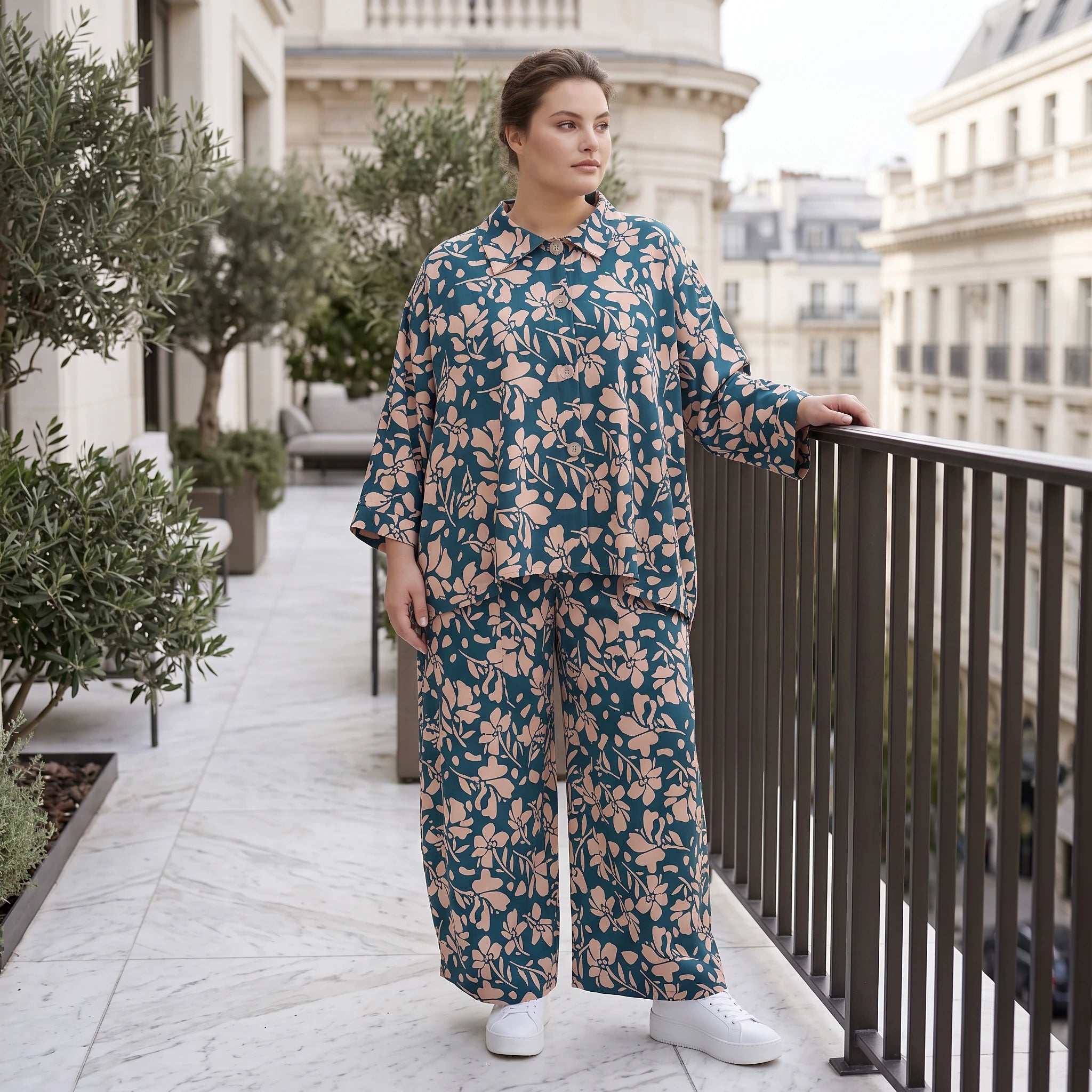 Damen Bluse Lagenlook Viskose Petrol/Rose, gerader Schnitt, Langarm, Knopfleiste, Oversize große Größen – AKH Fashion