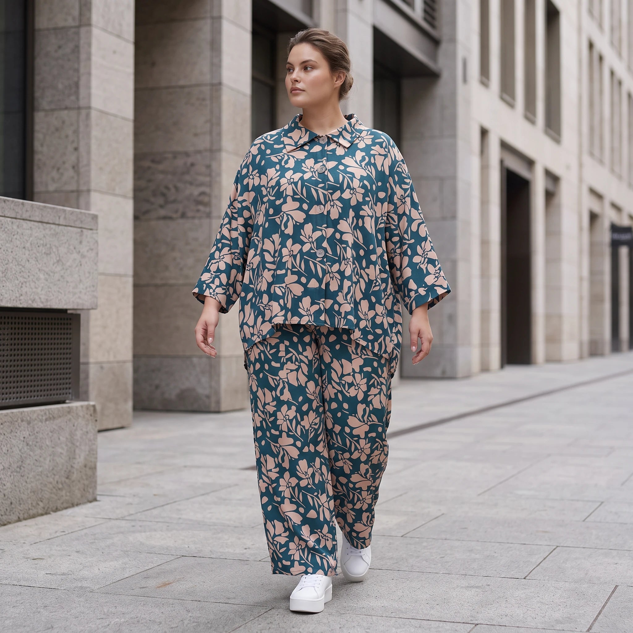 Damen Bluse Lagenlook Viskose Petrol/Rose, gerader Schnitt, Langarm, Knopfleiste, Oversize große Größen – AKH Fashion