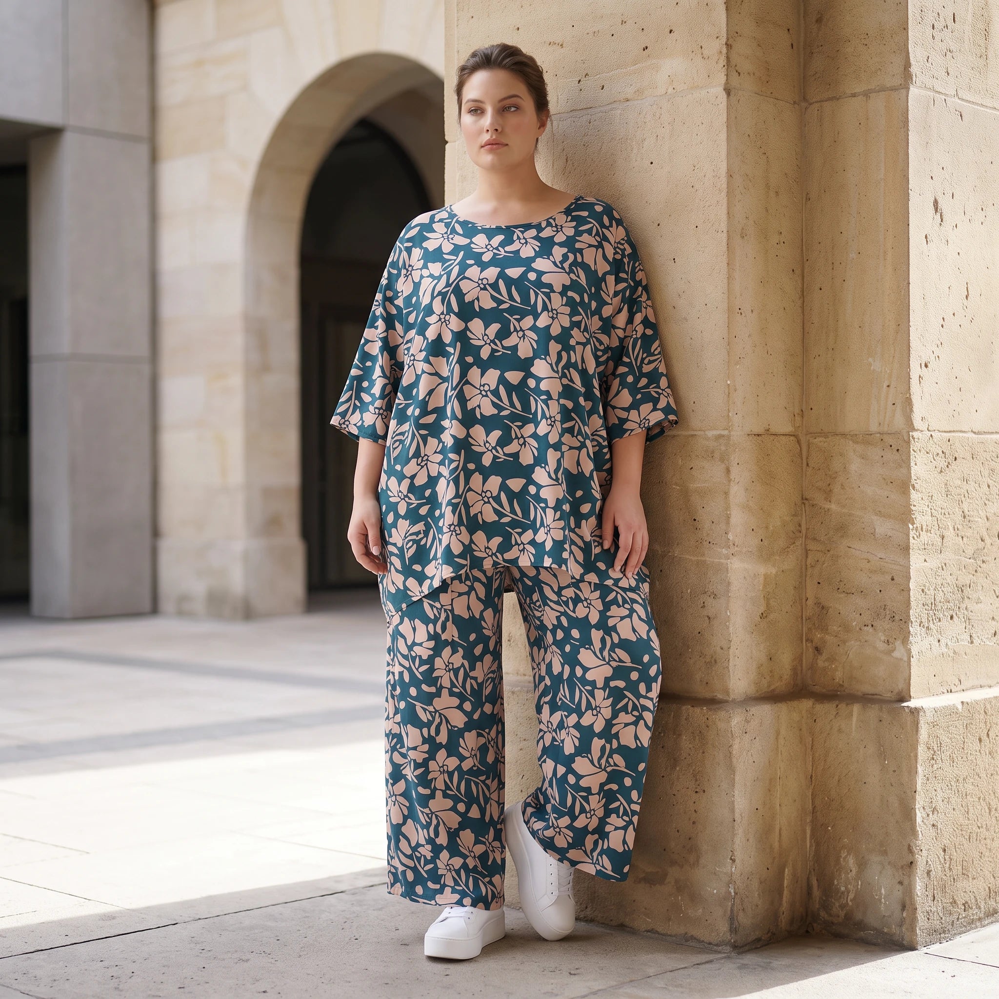 Damen Shirt Lagenlook Viskose Petrol/Rose, A-Form, 3/4-Arm, Taschen, Oversize große Größen – AKH Fashion