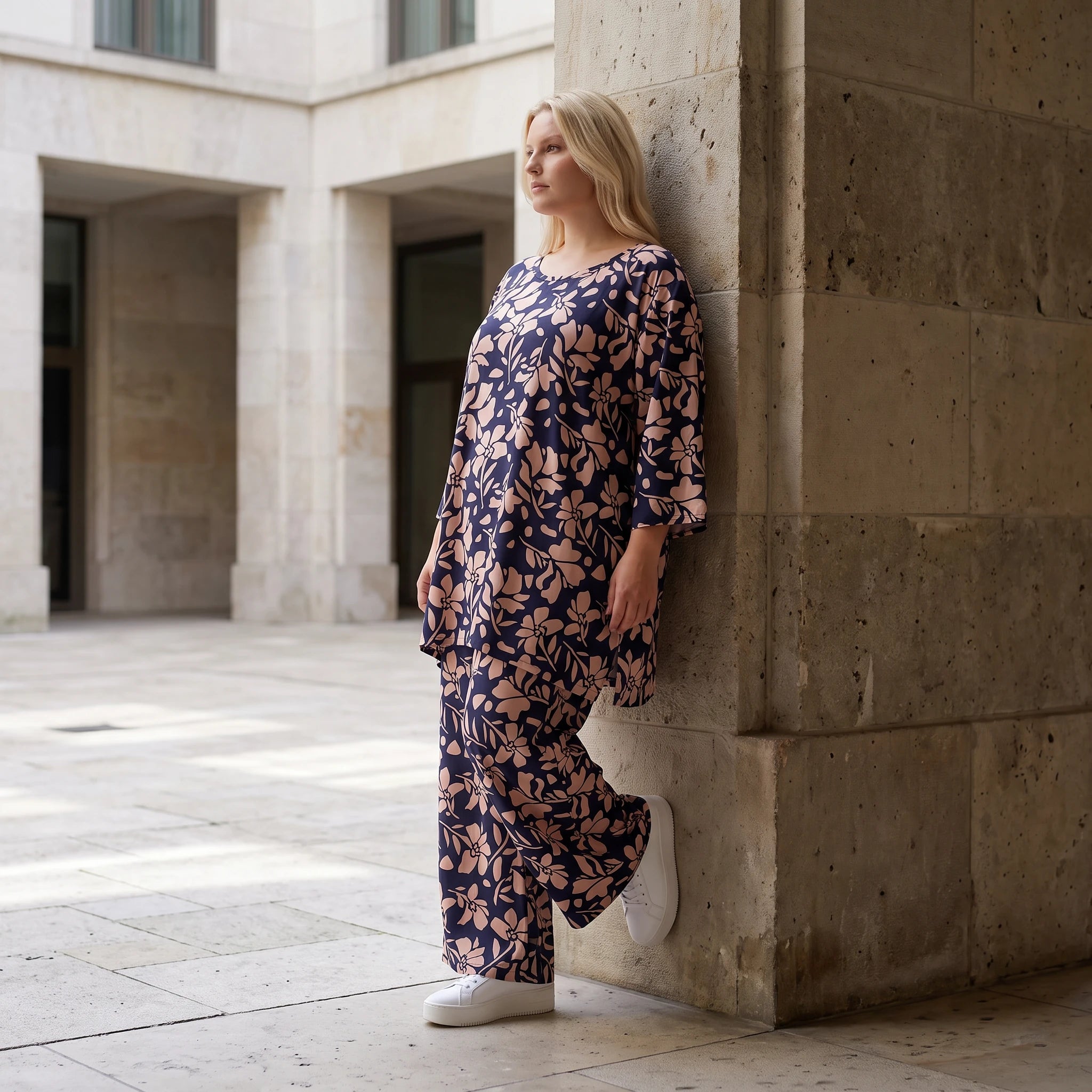 Damen Shirt Lagenlook Viskose Marine/Rose, A-Form, 3/4-Arm, Taschen, Oversize große Größen – AKH Fashion