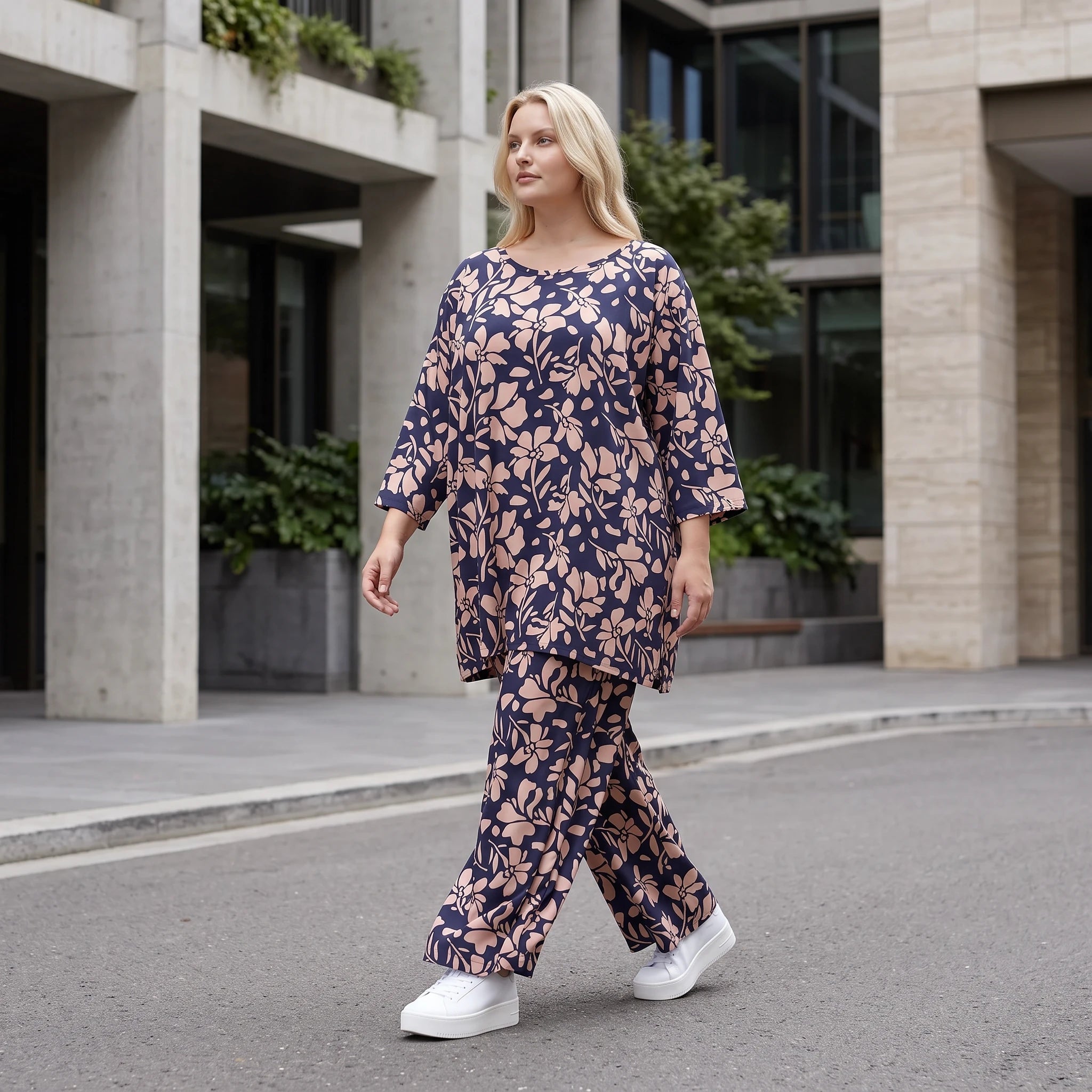 Damen Shirt Lagenlook Viskose Marine/Rose, A-Form, 3/4-Arm, Taschen, Oversize große Größen – AKH Fashion