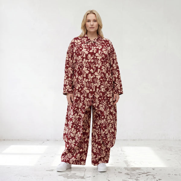 Damen Bluse Lagenlook Viskose Weinrot/Rose, gerader Schnitt, Langarm, Knopfleiste, Oversize große Größen – AKH Fashion