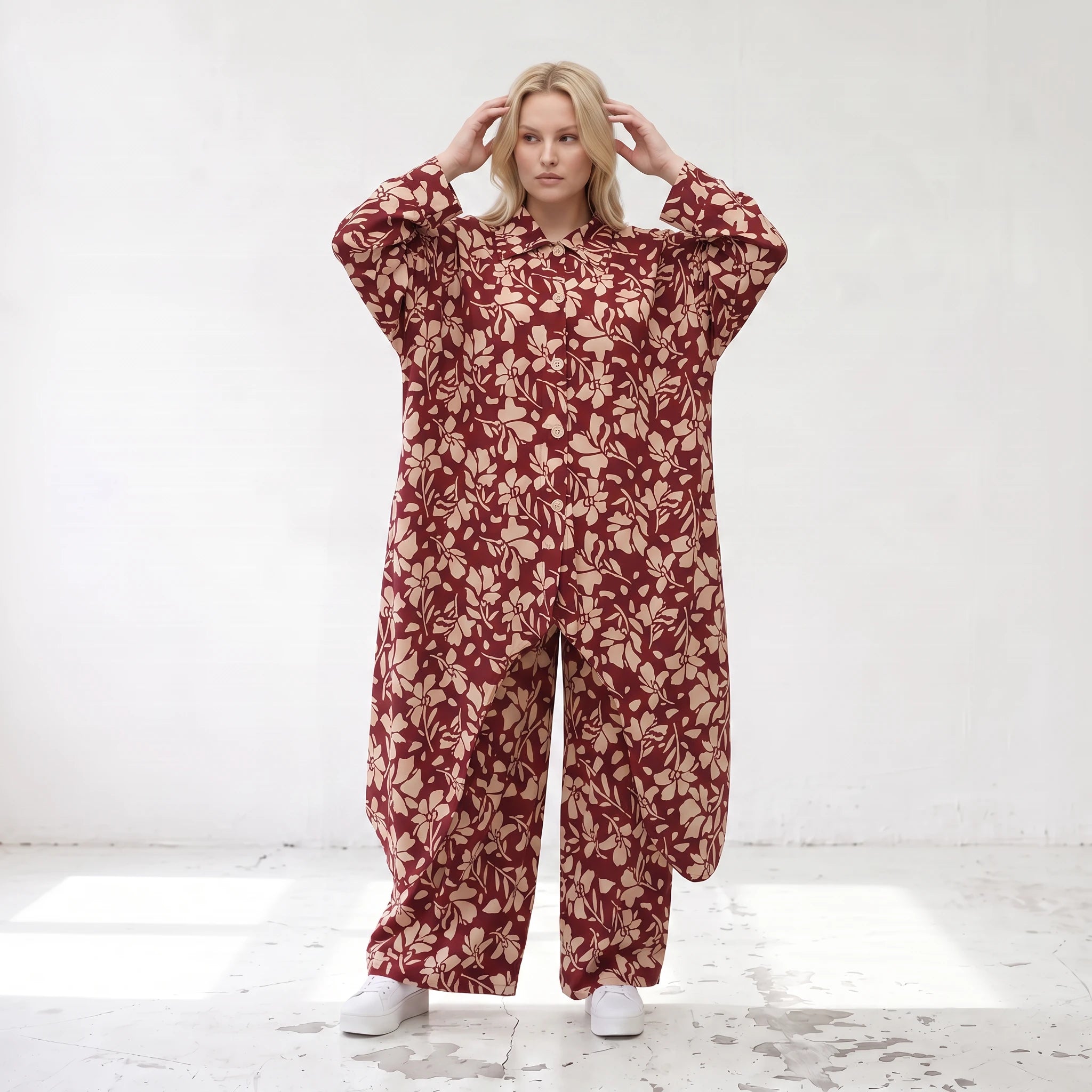 Damen Bluse Lagenlook Viskose Weinrot/Rose, gerader Schnitt, Langarm, Knopfleiste, Oversize große Größen – AKH Fashion