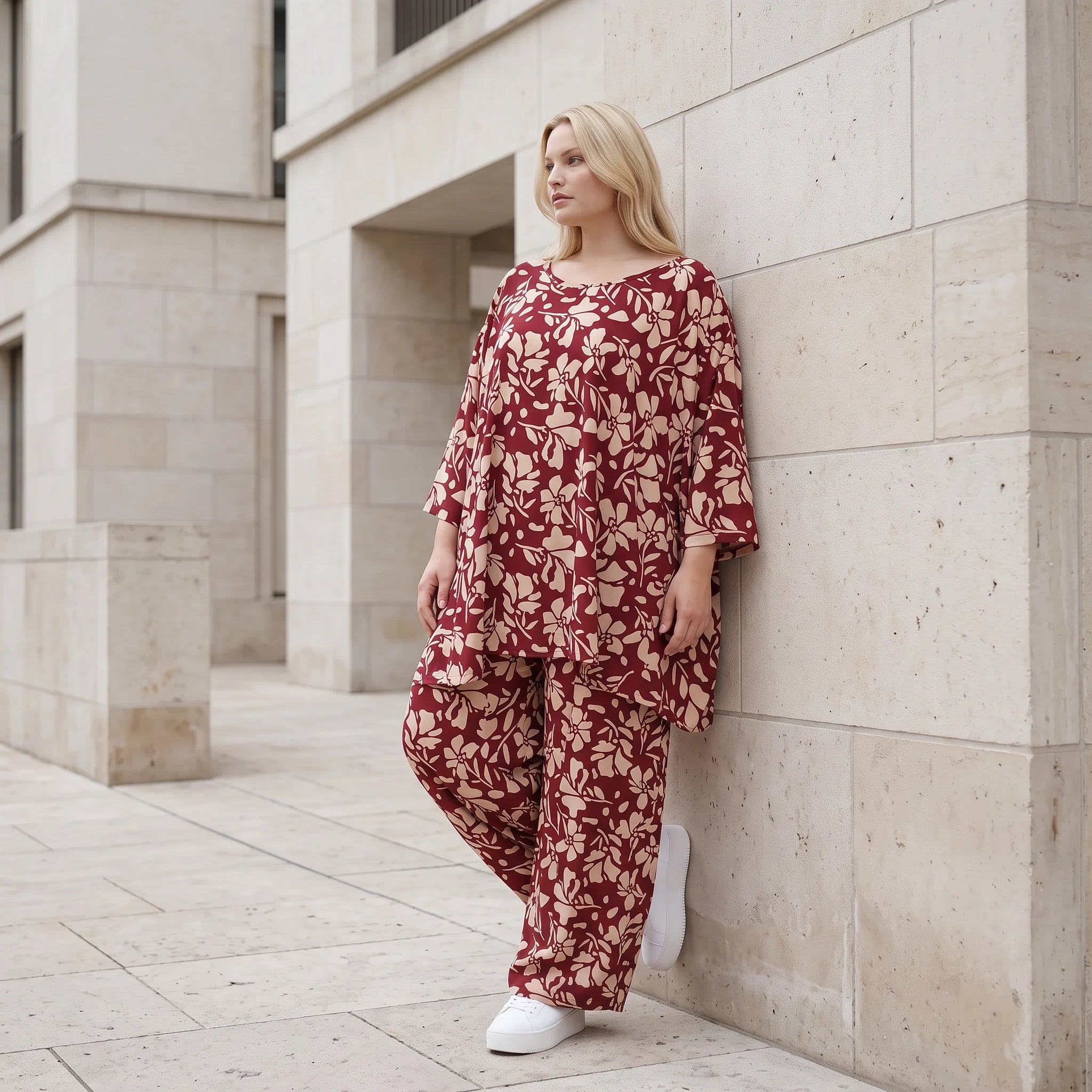Damen Shirt Lagenlook Viskose Weinrot/Rose, A-Form, 3/4-Arm, Oversize große Größen – AKH Fashion
