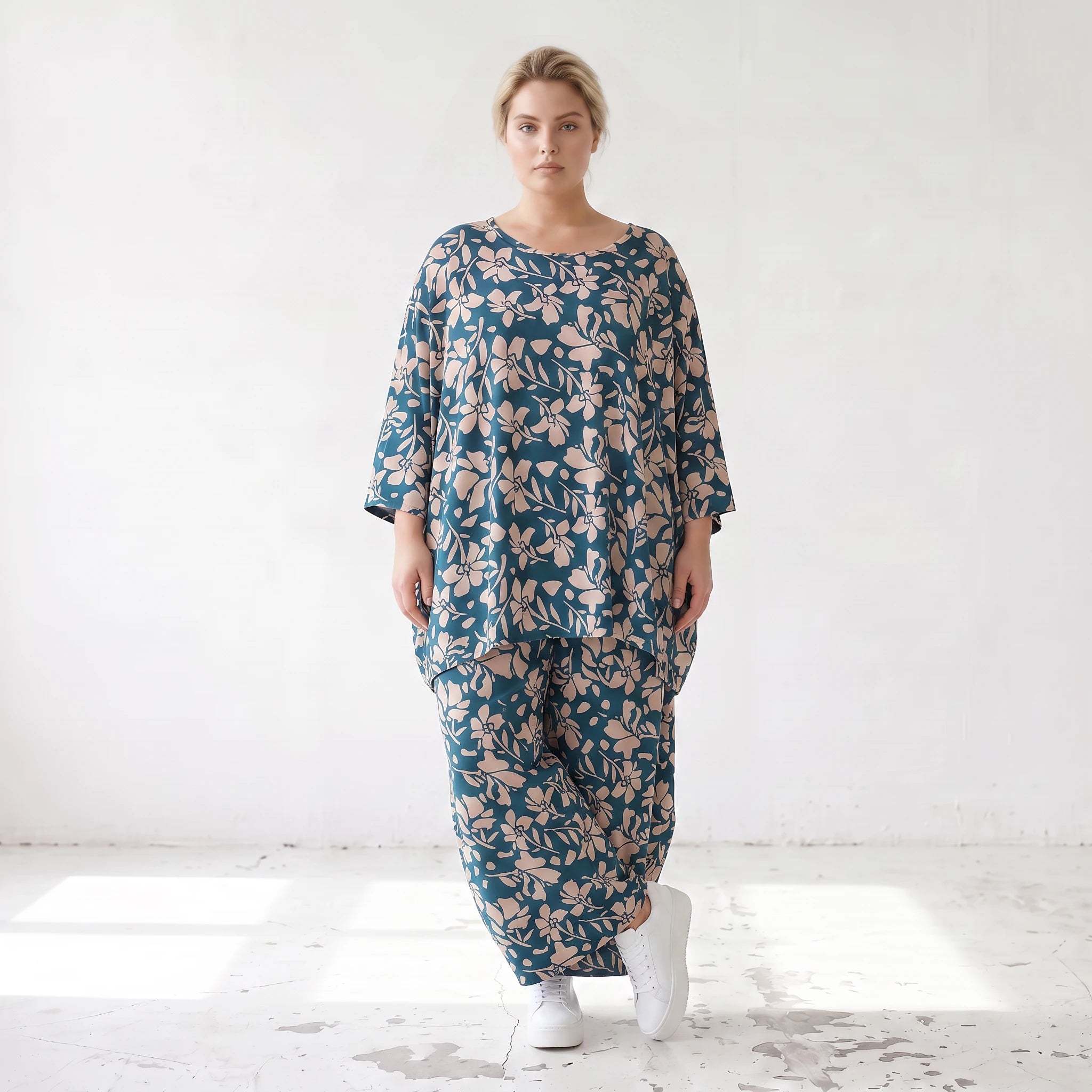 Damen Shirt Lagenlook Viskose Petrol/Rose, A-Form, 3/4-Arm, Oversize große Größen – AKH Fashion
