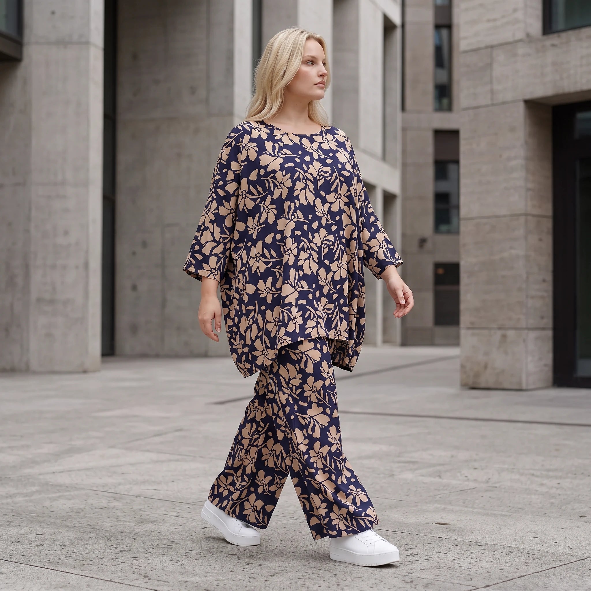 Damen Shirt Lagenlook Viskose Marine/Rose, A-Form, 3/4-Arm, Oversize große Größen – AKH Fashion