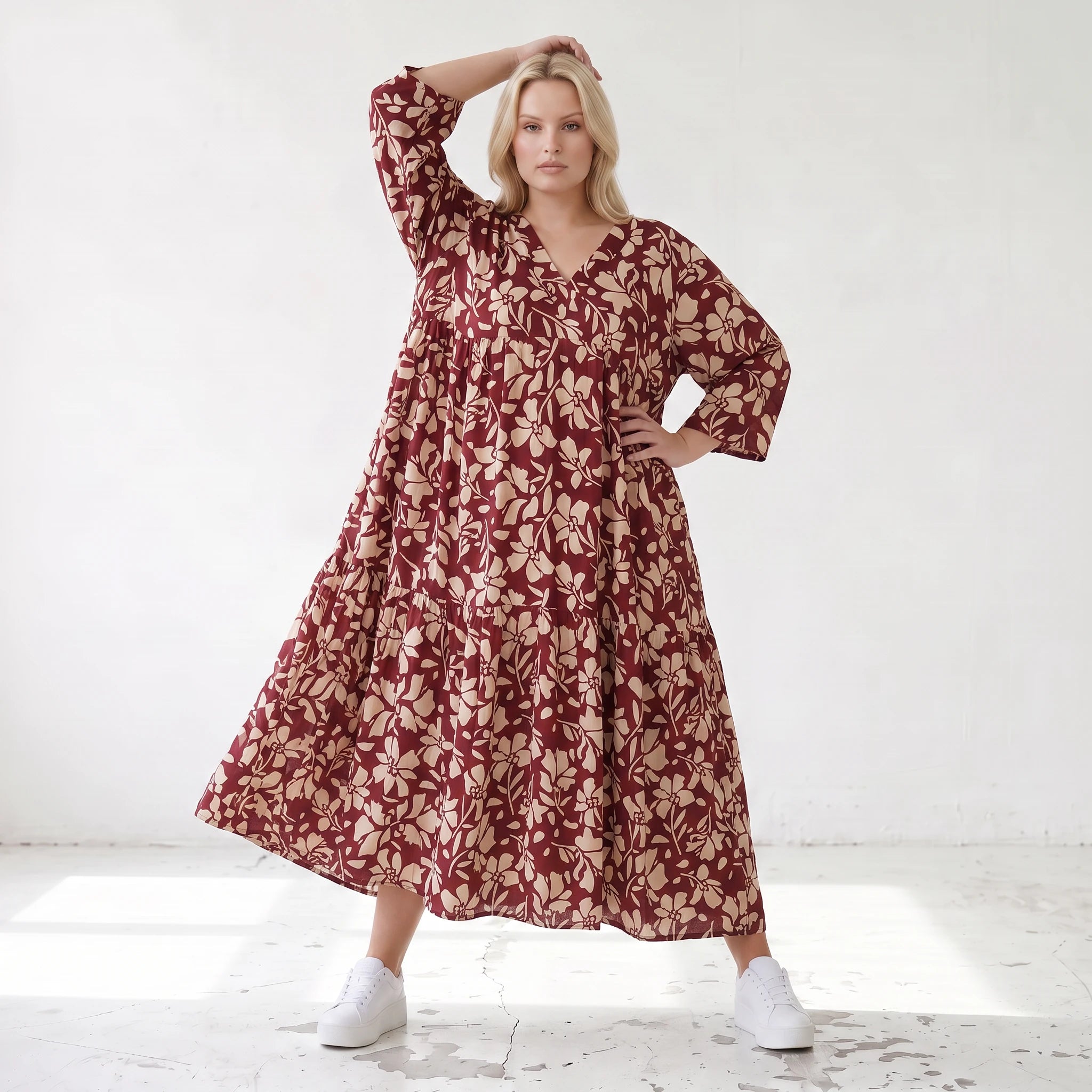 Damen Kleid Lagenlook Viskose Weinrot/Rose, A-Form, V-Ausschnitt, Oversize große Größen – AKH Fashion