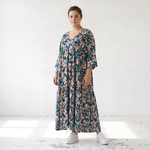 Damen Kleid Lagenlook Viskose Petrol/Rose, A-Form, 3/4-Arm, V-Ausschnitt, Oversize große Größen – AKH Fashion