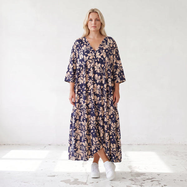 Damen Kleid Lagenlook Viskose Marine/Rose, A-Form, V-Ausschnitt, Oversize große Größen – AKH Fashion
