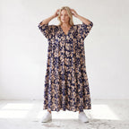 Damen Kleid Lagenlook Viskose Marine/Rose, A-Form, V-Ausschnitt, Oversize große Größen – AKH Fashion