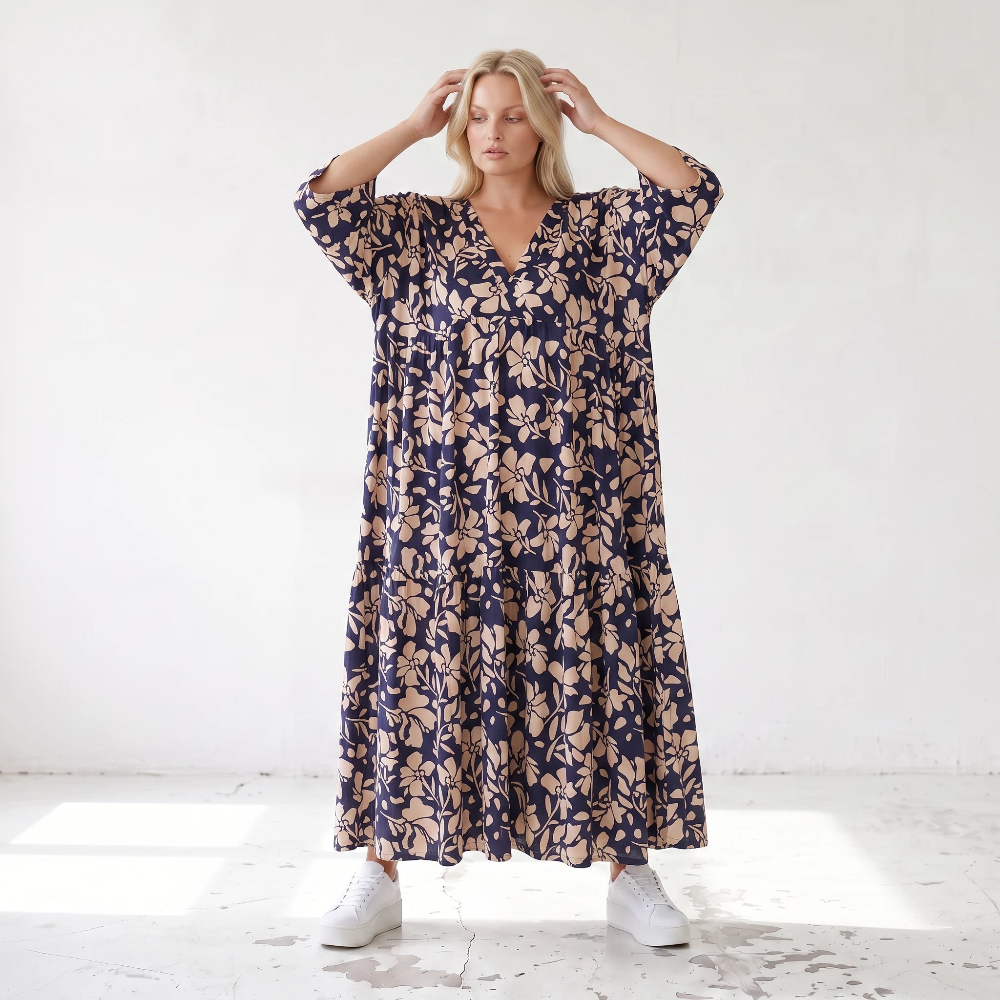 Damen Kleid Lagenlook Viskose Marine/Rose, A-Form, V-Ausschnitt, Oversize große Größen – AKH Fashion