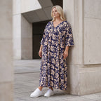 Damen Kleid Lagenlook Viskose Marine/Rose, A-Form, V-Ausschnitt, Oversize große Größen – AKH Fashion