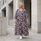 Damen Kleid Lagenlook Viskose Marine/Rose, A-Form, V-Ausschnitt, Oversize große Größen – AKH Fashion