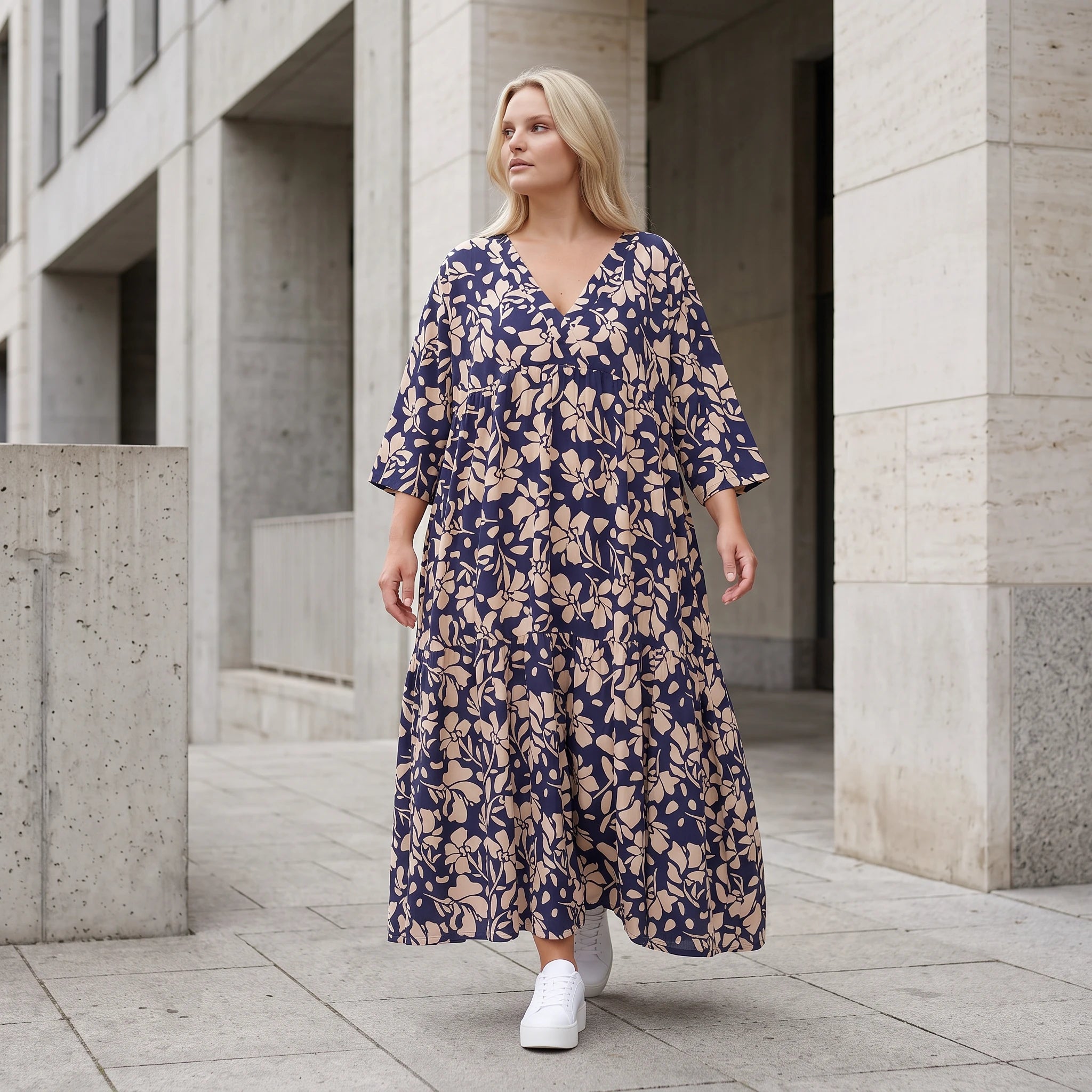Damen Kleid Lagenlook Viskose Marine/Rose, A-Form, V-Ausschnitt, Oversize große Größen – AKH Fashion