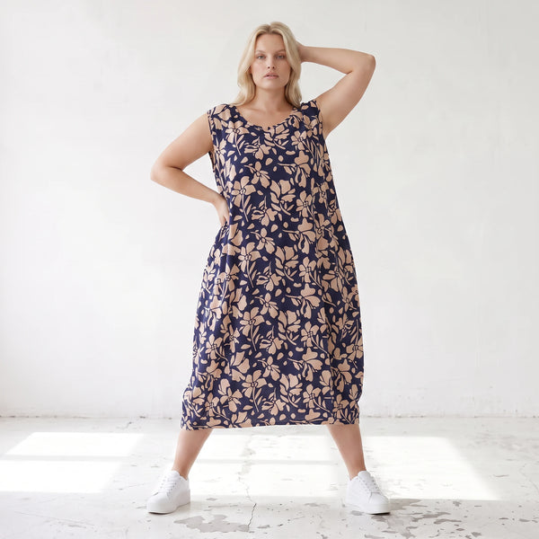 Damen Kleid Lagenlook Viskose Marine/Rose, Ballonschnitt, ärmellos, Flügeltaschen, Oversize große Größen – AKH Fashion