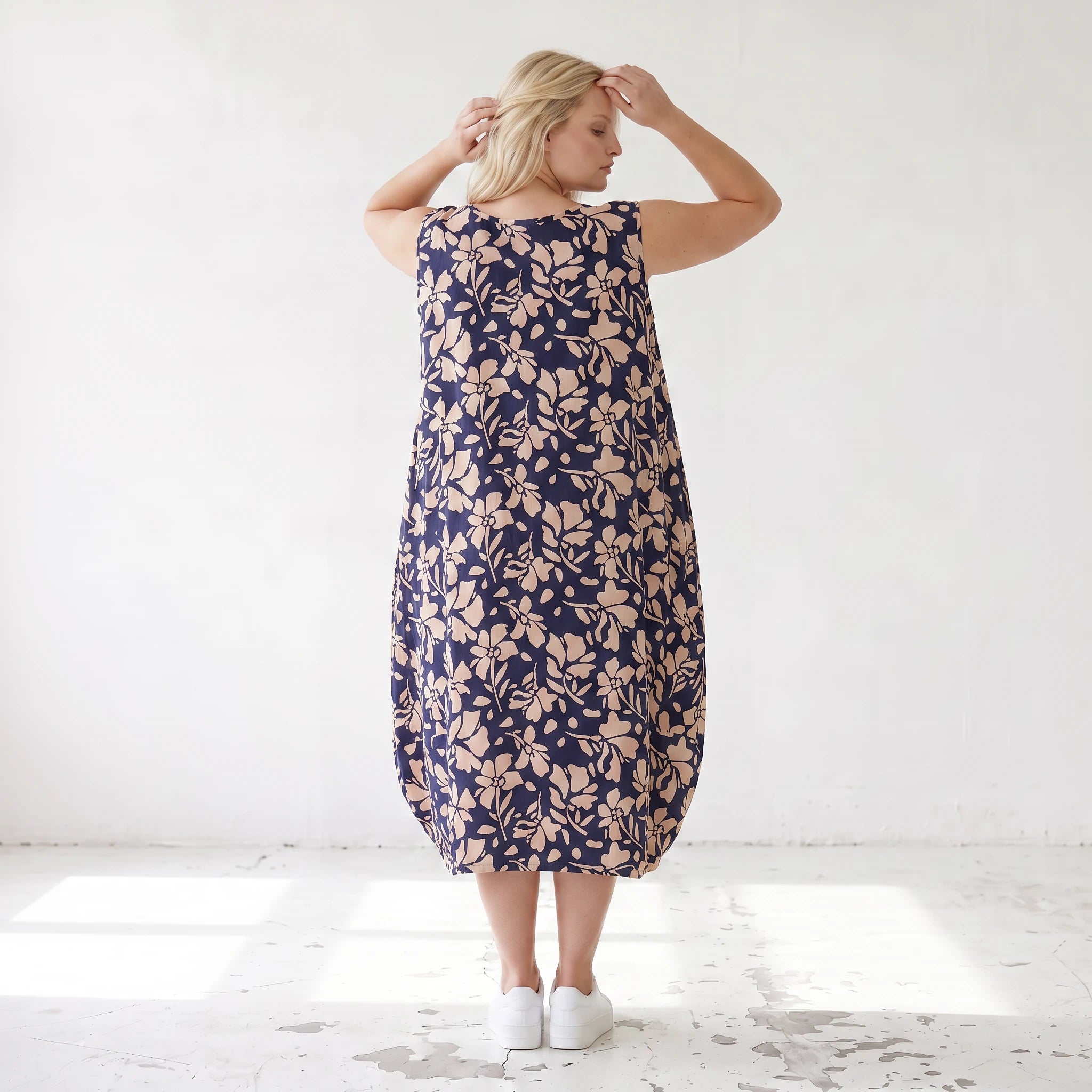 Damen Kleid Lagenlook Viskose Marine/Rose, Ballonschnitt, ärmellos, Flügeltaschen, Oversize große Größen – AKH Fashion