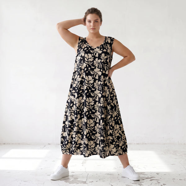 Damen Kleid Lagenlook Viskose Schwarz/Ecru, Ballonschnitt, Oversize große Größen – AKH Fashion