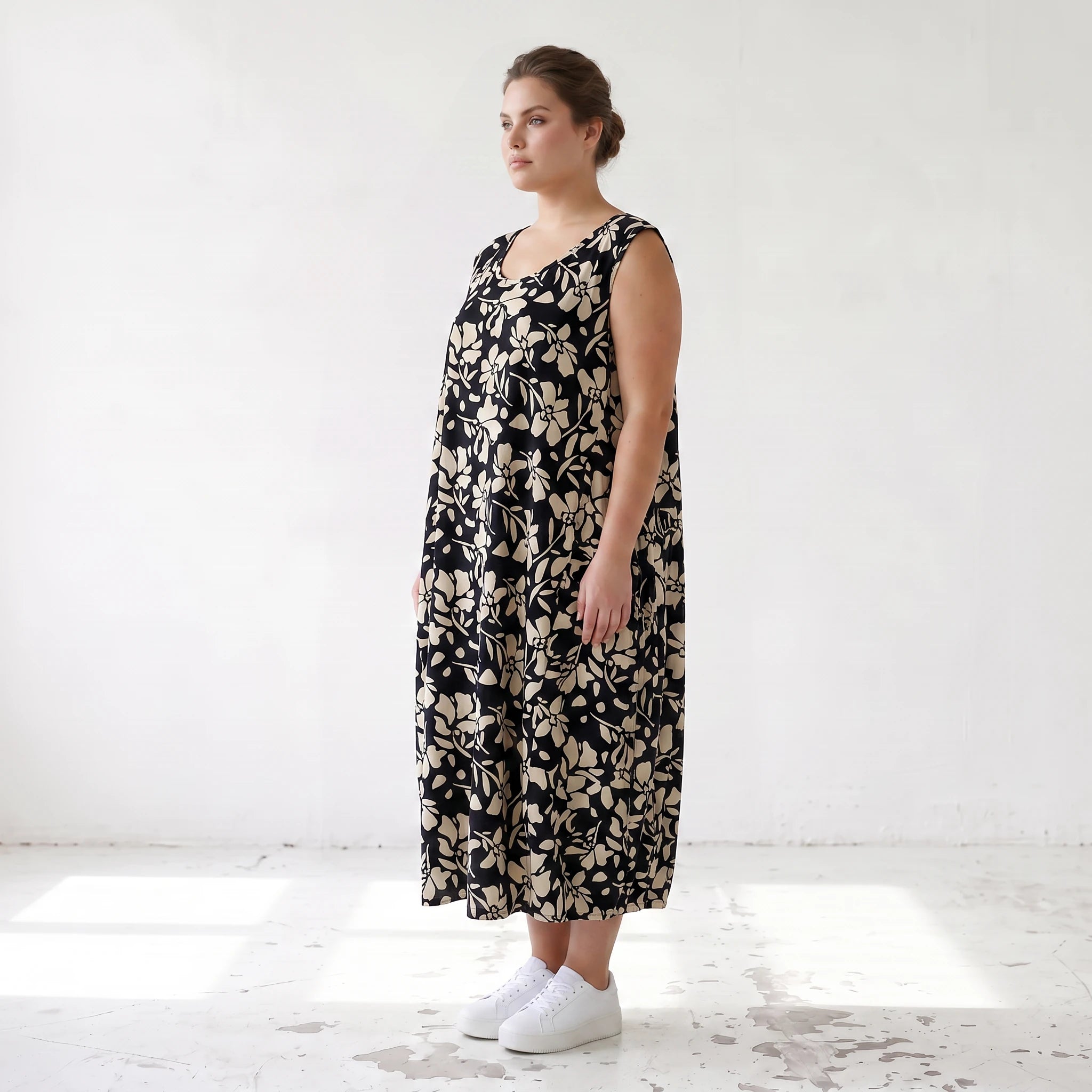 Damen Kleid Lagenlook Viskose Schwarz/Ecru, Ballonschnitt, Oversize große Größen – AKH Fashion