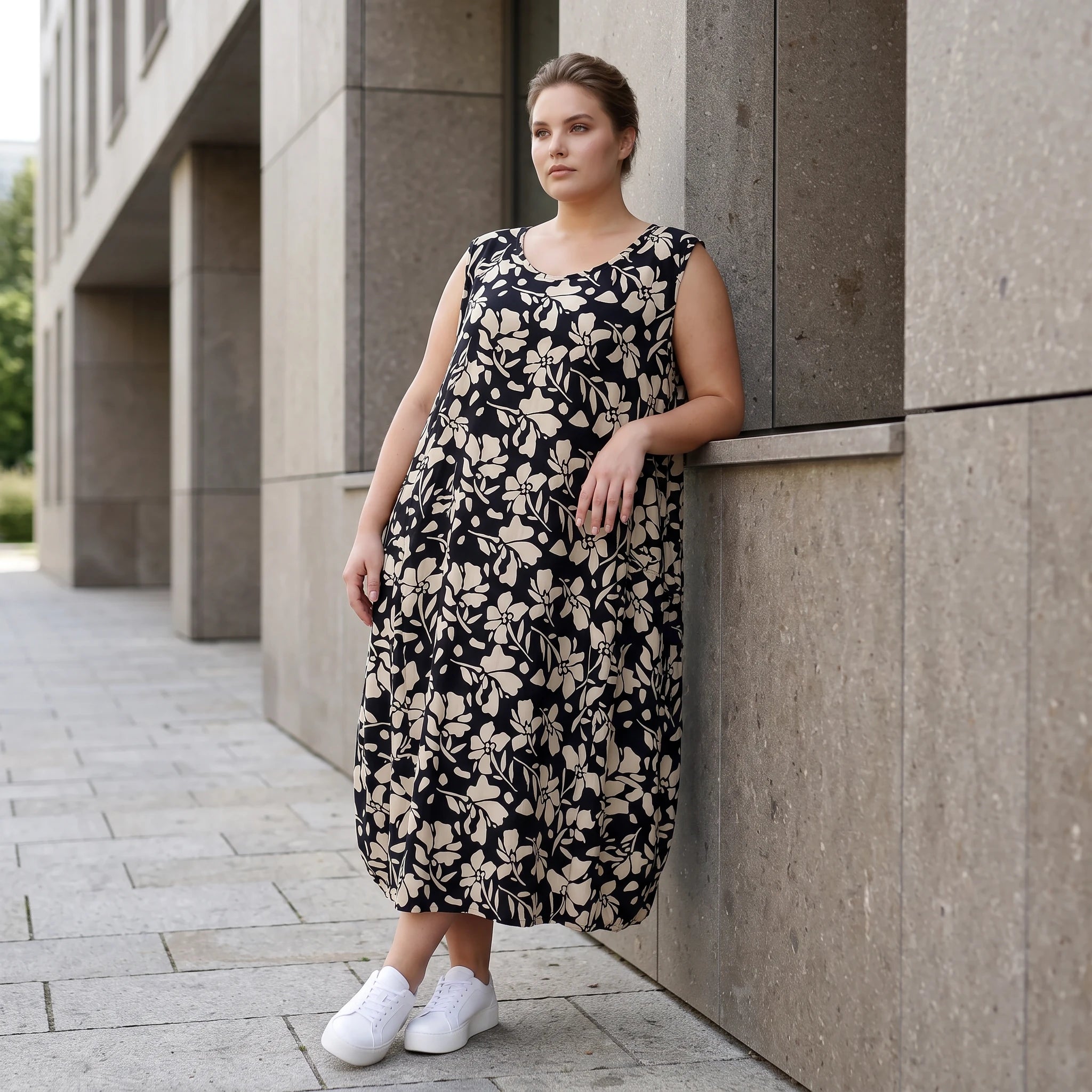 Damen Kleid Lagenlook Viskose Schwarz/Ecru, Ballonschnitt, Oversize große Größen – AKH Fashion
