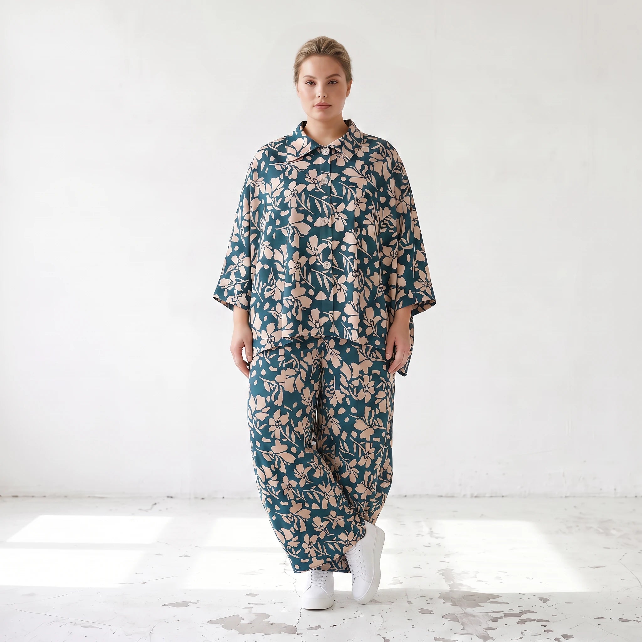 Damen Hose Lagenlook Viskose Petrol/Rose, Ballonschnitt, Elastikbund, Oversize große Größen – AKH Fashion
