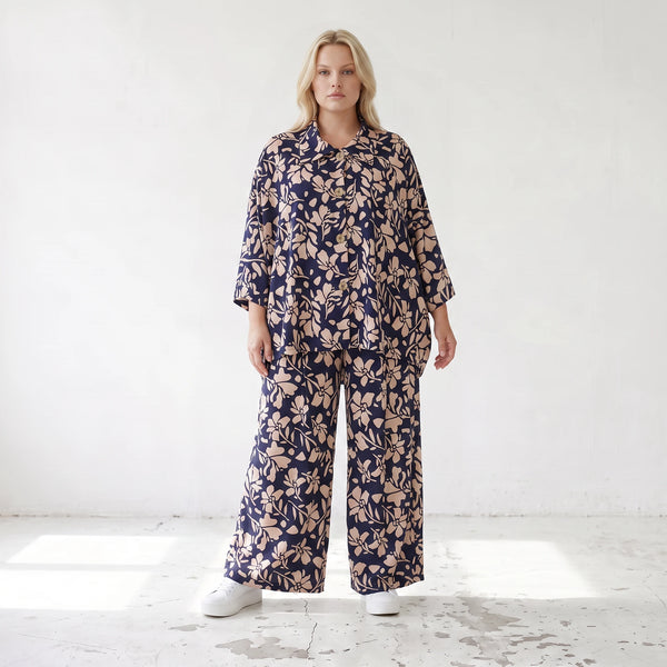 Damen Hose Lagenlook Viskose Marine/Rose, Ballonschnitt, Elastikbund, Oversize große Größen – AKH Fashion