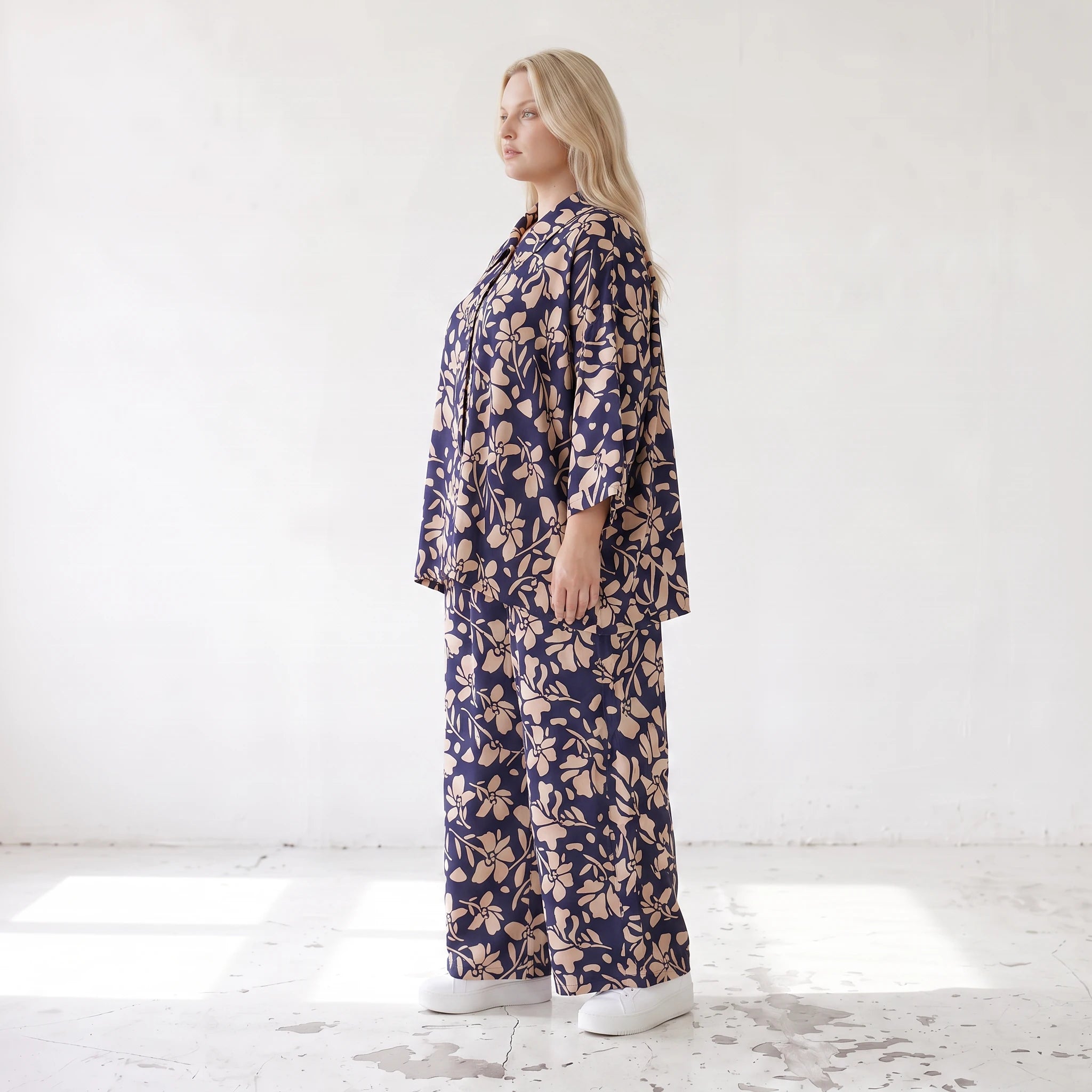 Damen Hose Lagenlook Viskose Marine/Rose, Ballonschnitt, Elastikbund, Oversize große Größen – AKH Fashion